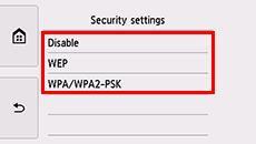 Security settings screen